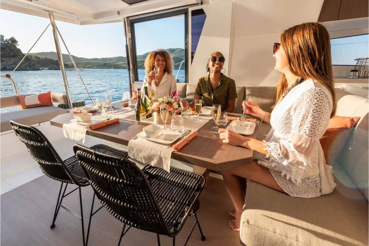 Salon of Diotima, a Bali 4.2 catamaran at Athens, Greece