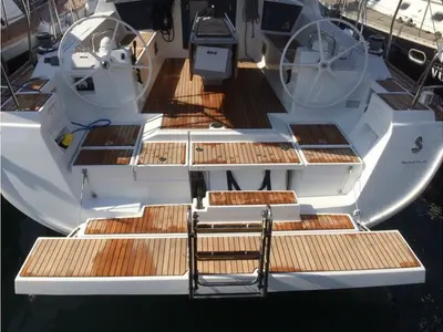 Deck of Sharel, a Beneteau Oceanis 48 sailboat at La Spezia, Italy