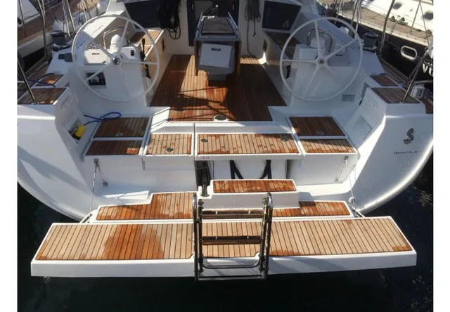 Deck of Sharel, a Beneteau Oceanis 48 sailboat at La Spezia, Italy