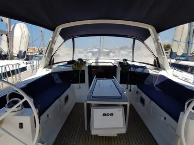 Cockpit of Sharel, a Beneteau Oceanis 48 sailboat at La Spezia, Italy