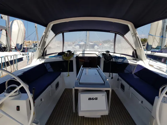 Cockpit of Sharel, a Beneteau Oceanis 48 sailboat at La Spezia, Italy