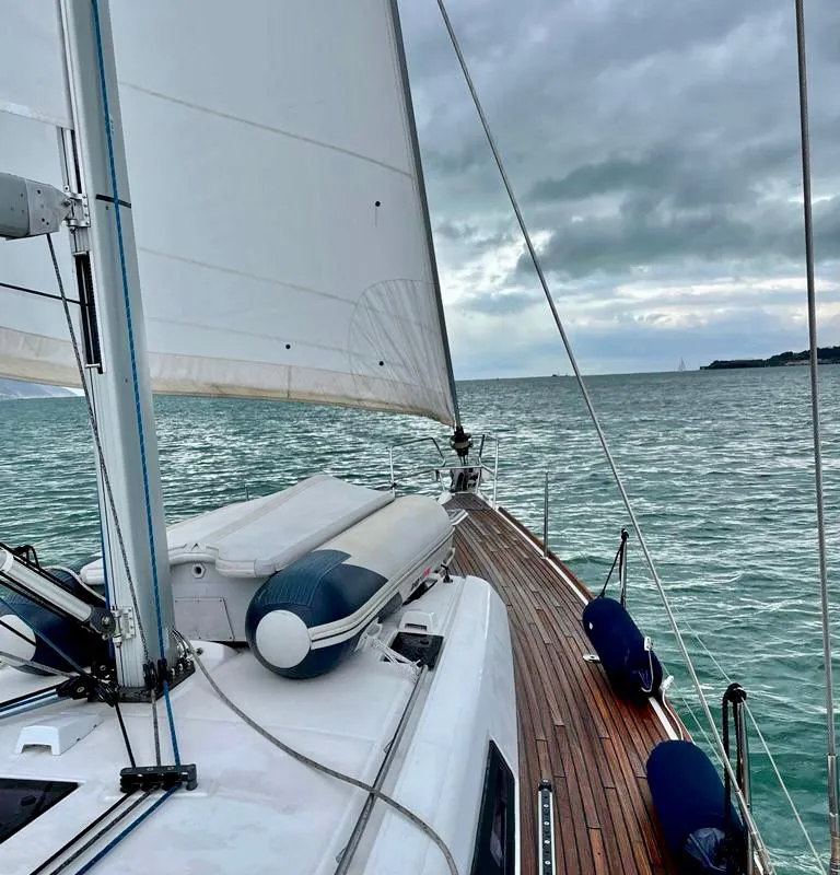 Deck of Sharel, a Beneteau Oceanis 48 sailboat at La Spezia, Italy