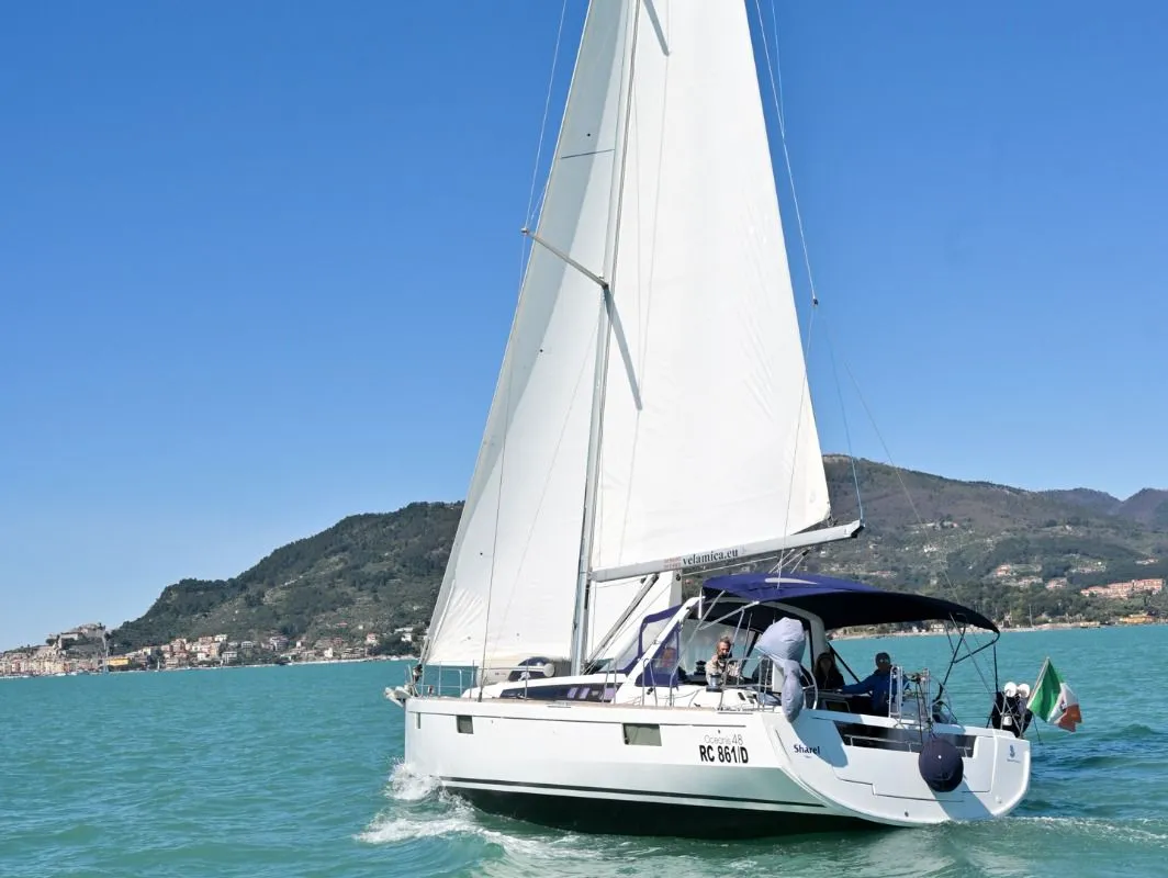 Exterior view of Sharel, a Beneteau Oceanis 48 sailboat at La Spezia, Italy