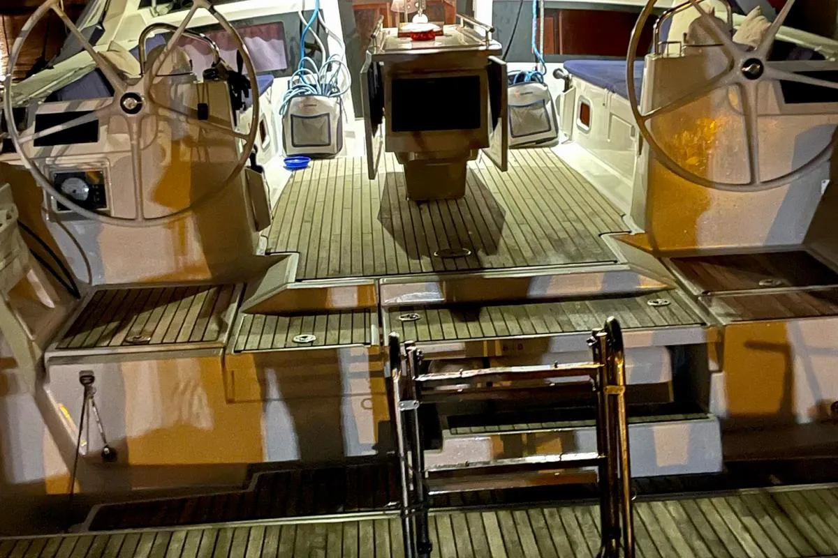 Deck of Sharel, a Beneteau Oceanis 48 sailboat at La Spezia, Italy