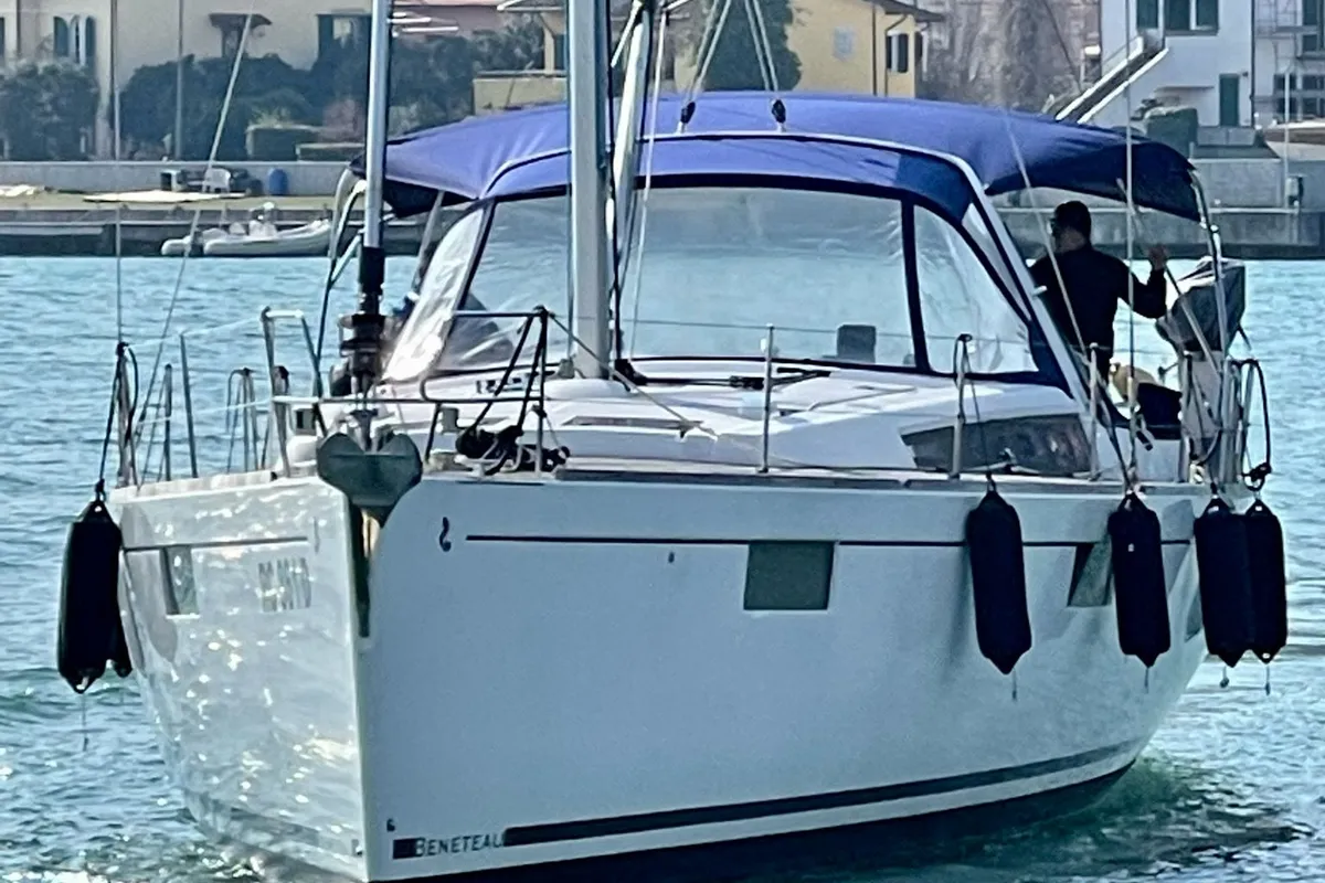 Exterior view of Sharel, a Beneteau Oceanis 48 sailboat at La Spezia, Italy