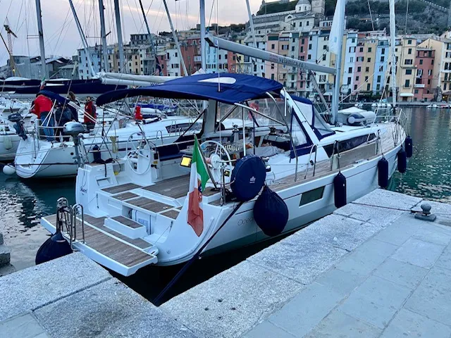 Exterior view of Sharel, a Beneteau Oceanis 48 sailboat at La Spezia, Italy