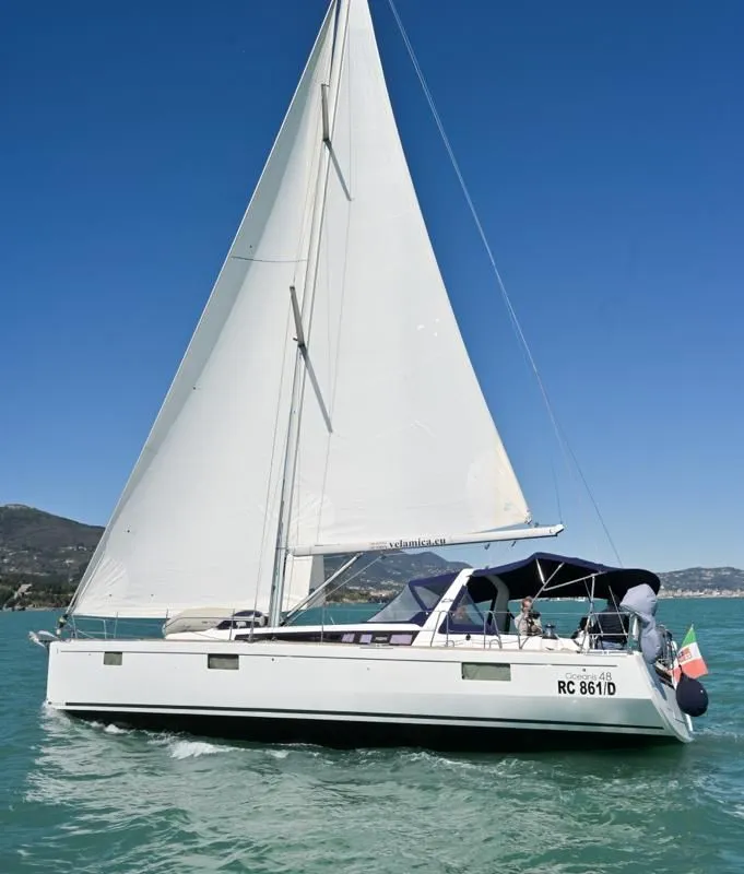 Exterior view of Sharel, a Beneteau Oceanis 48 sailboat at La Spezia, Italy