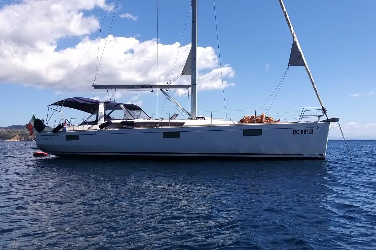 Exterior view of Sharel, a Beneteau Oceanis 48 sailboat at La Spezia, Italy