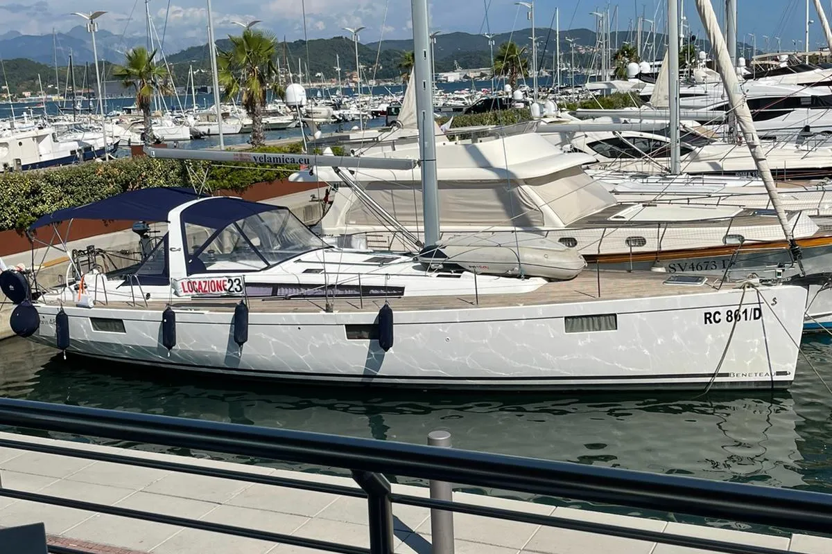 Exterior view of Sharel, a Beneteau Oceanis 48 sailboat at La Spezia, Italy