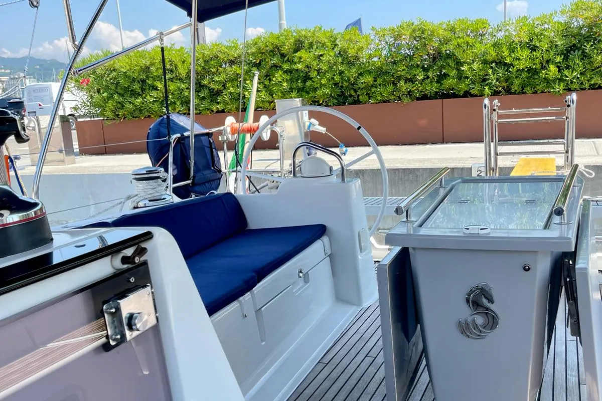 Cockpit of Sharel, a Beneteau Oceanis 48 sailboat at La Spezia, Italy