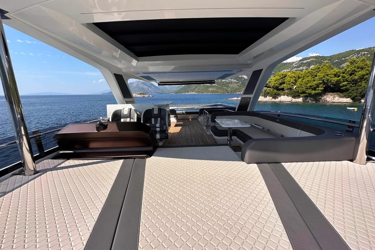 Deck of PARADISE, a Galeon 680 Fly motor yacht at Dubrovnik, Croatia