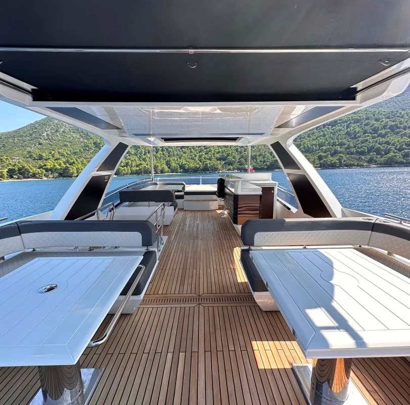 Deck of PARADISE, a Galeon 680 Fly motor yacht at Dubrovnik, Croatia