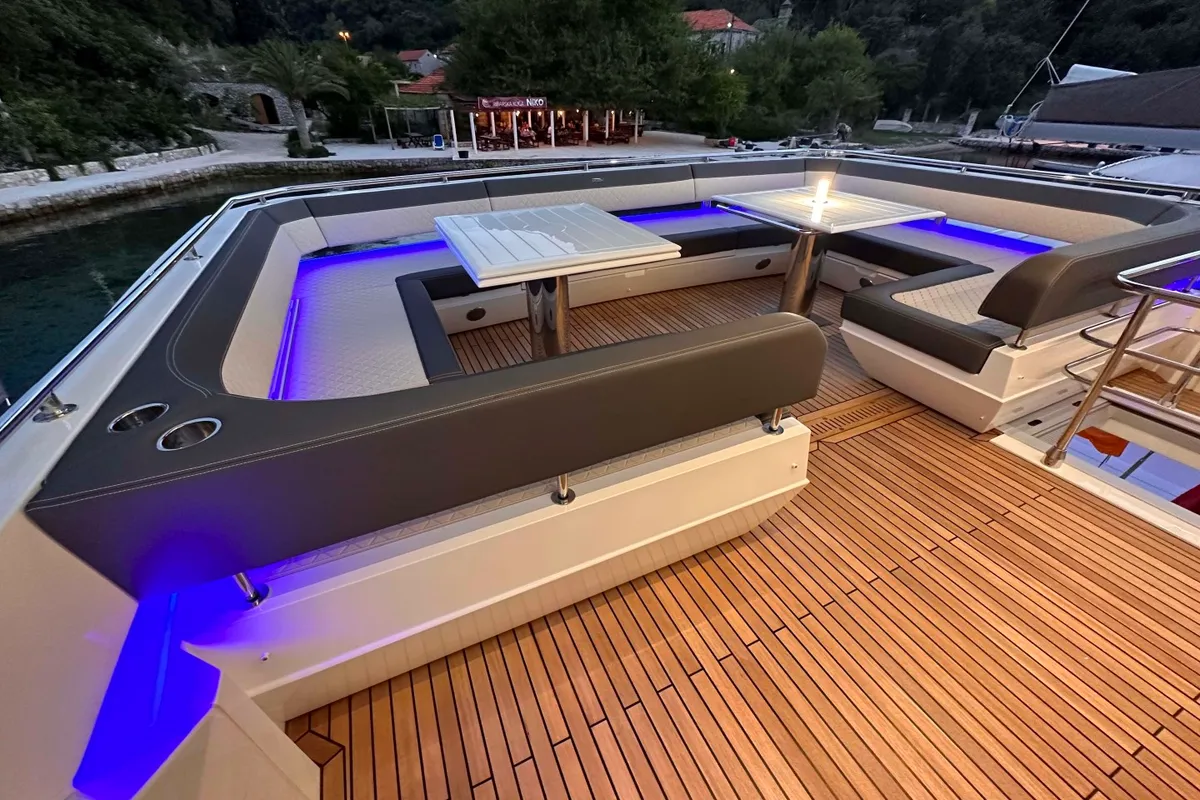 Deck of PARADISE, a Galeon 680 Fly motor yacht at Dubrovnik, Croatia