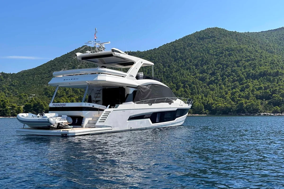 Exterior view of PARADISE, a Galeon 680 Fly motor yacht at Dubrovnik, Croatia