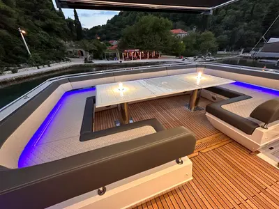 Deck of PARADISE, a Galeon 680 Fly motor yacht at Dubrovnik, Croatia