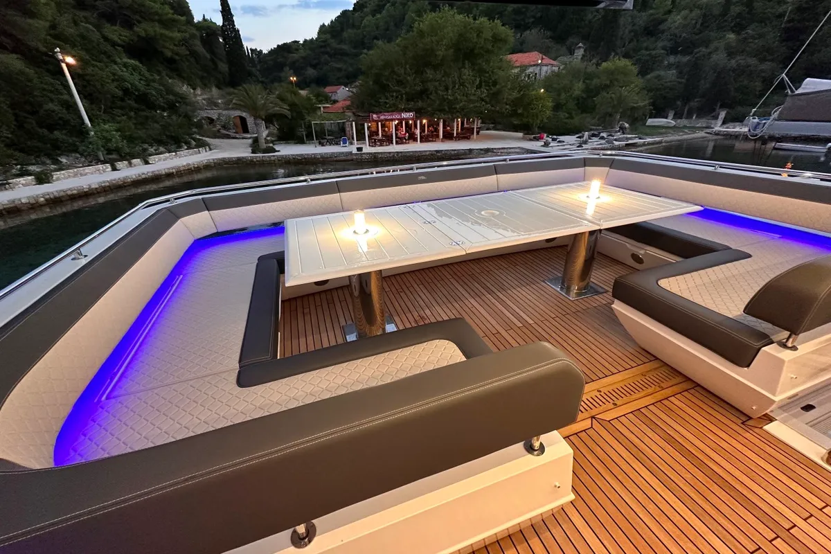 Deck of PARADISE, a Galeon 680 Fly motor yacht at Dubrovnik, Croatia