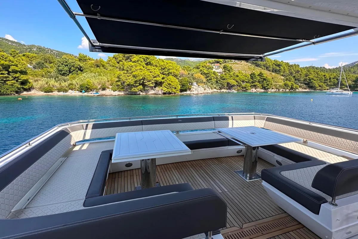Deck of PARADISE, a Galeon 680 Fly motor yacht at Dubrovnik, Croatia