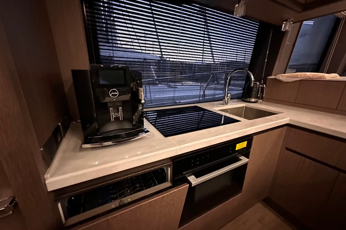 Galley of PARADISE, a Galeon 680 Fly motor yacht at Dubrovnik, Croatia