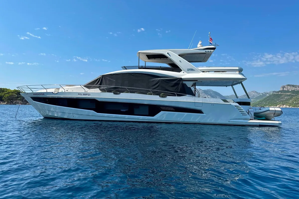 Exterior view of PARADISE, a Galeon 680 Fly motor yacht at Dubrovnik, Croatia