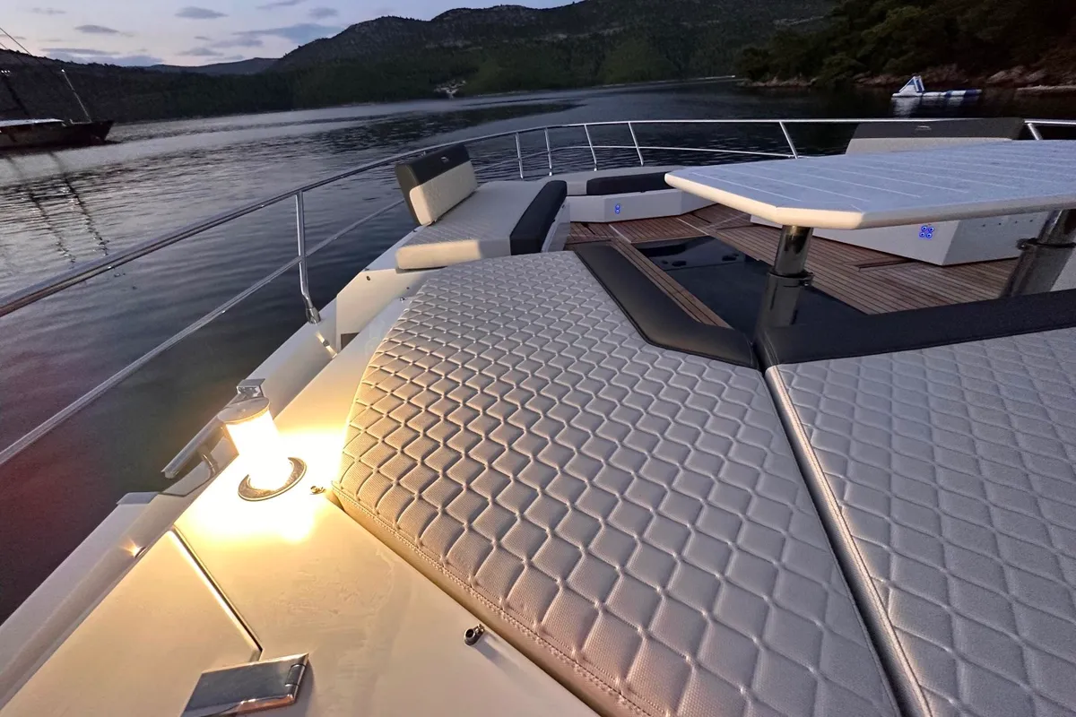 Deck of PARADISE, a Galeon 680 Fly motor yacht at Dubrovnik, Croatia