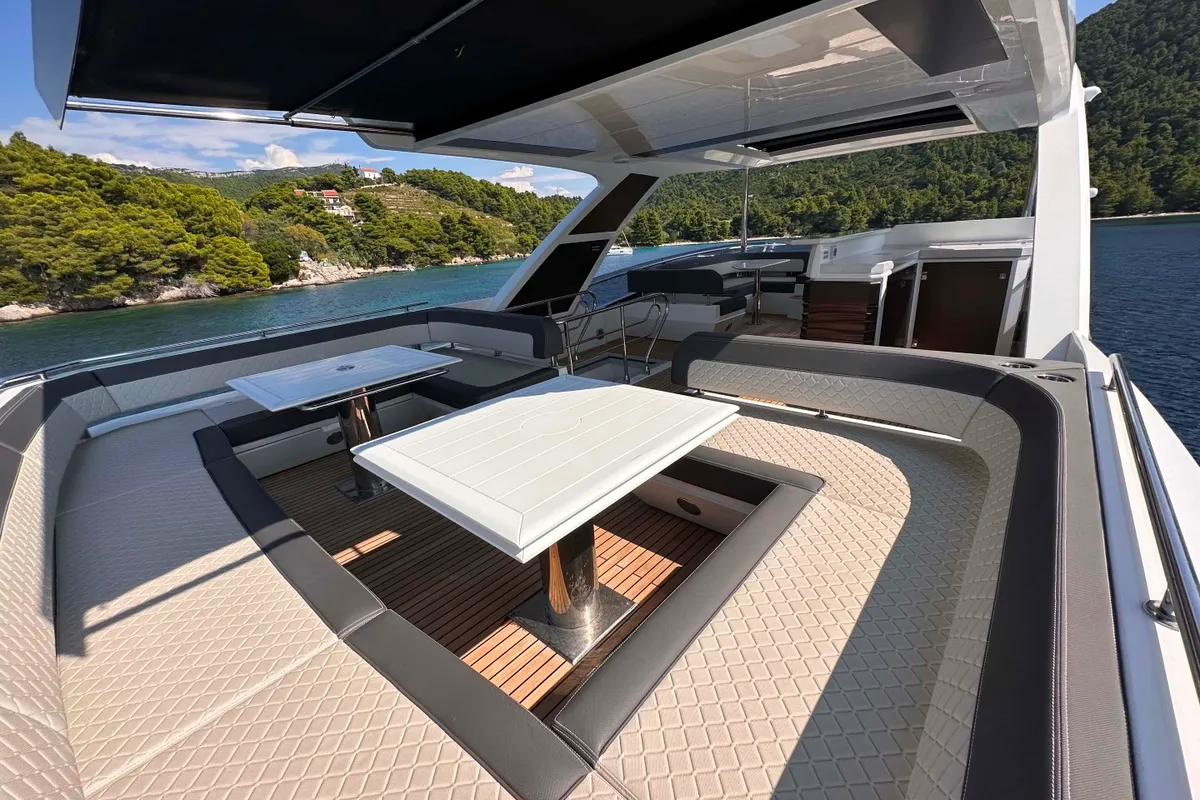 Deck of PARADISE, a Galeon 680 Fly motor yacht at Dubrovnik, Croatia