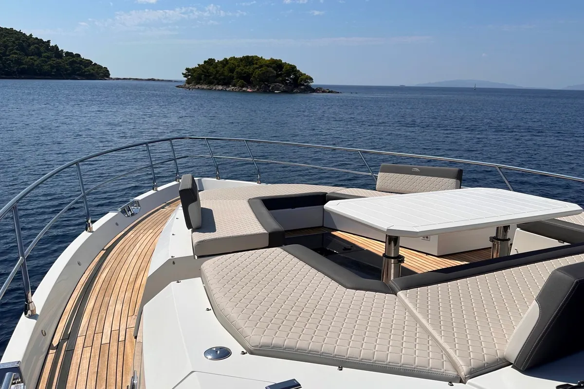 Deck of PARADISE, a Galeon 680 Fly motor yacht at Dubrovnik, Croatia