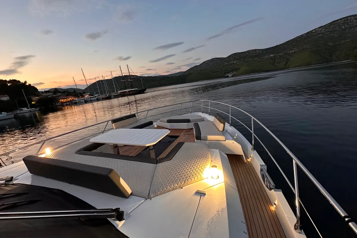 Deck of PARADISE, a Galeon 680 Fly motor yacht at Dubrovnik, Croatia