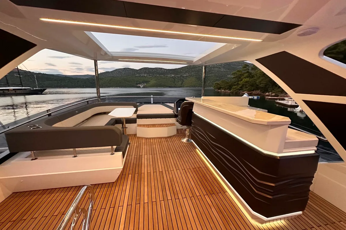 Deck of PARADISE, a Galeon 680 Fly motor yacht at Dubrovnik, Croatia