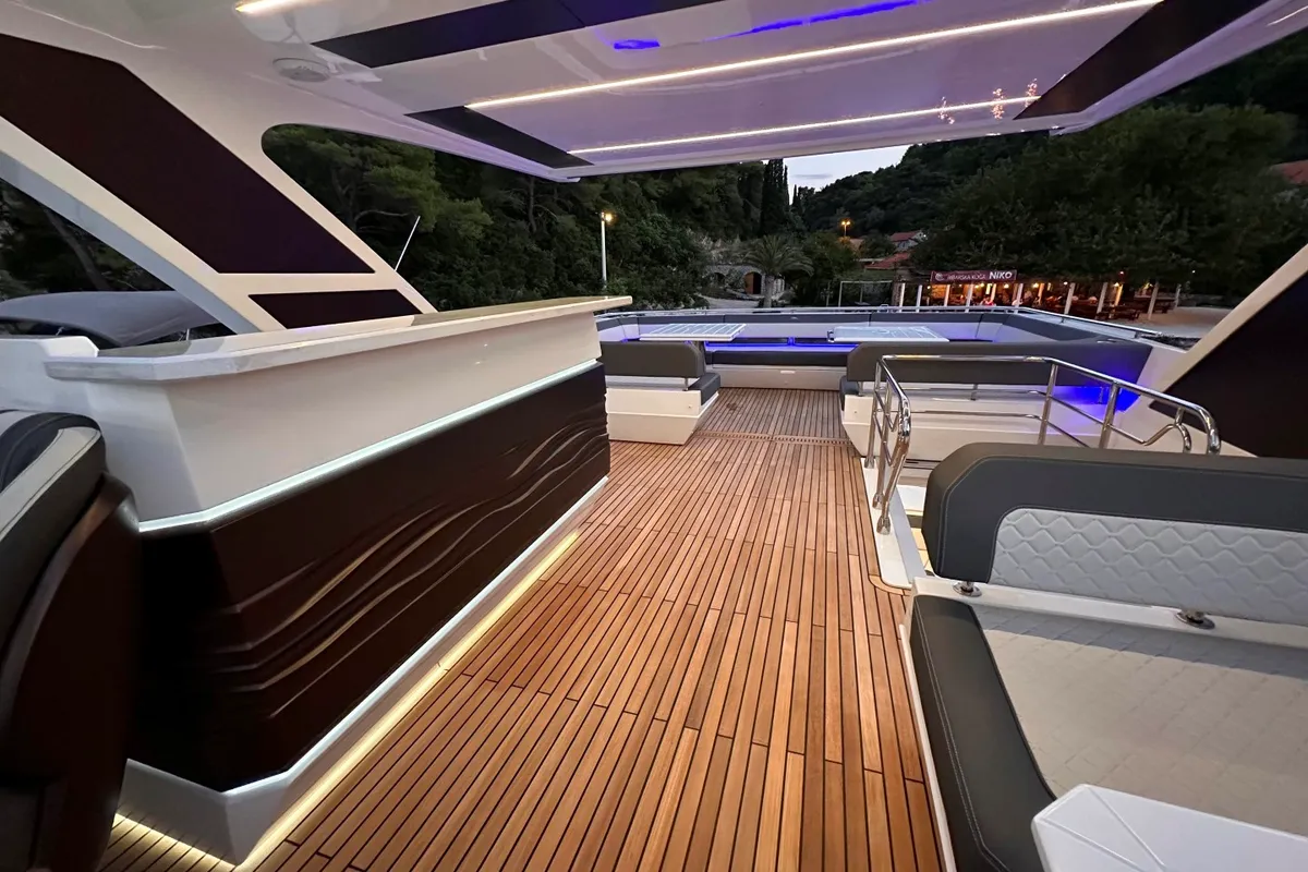 Deck of PARADISE, a Galeon 680 Fly motor yacht at Dubrovnik, Croatia