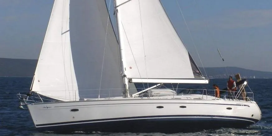 Exterior view of La Luna, a Bavaria 46 Cruiser sailboat at Municipal Unit of Lefkada, Greece