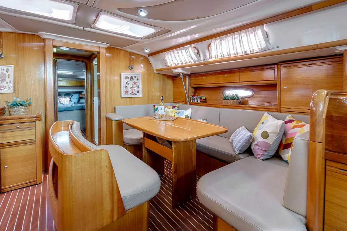 Salon of La Luna, a Bavaria 46 Cruiser sailboat at Municipal Unit of Lefkada, Greece