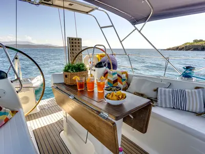 Deck of La Luna, a Bavaria 46 Cruiser sailboat at Municipal Unit of Lefkada, Greece