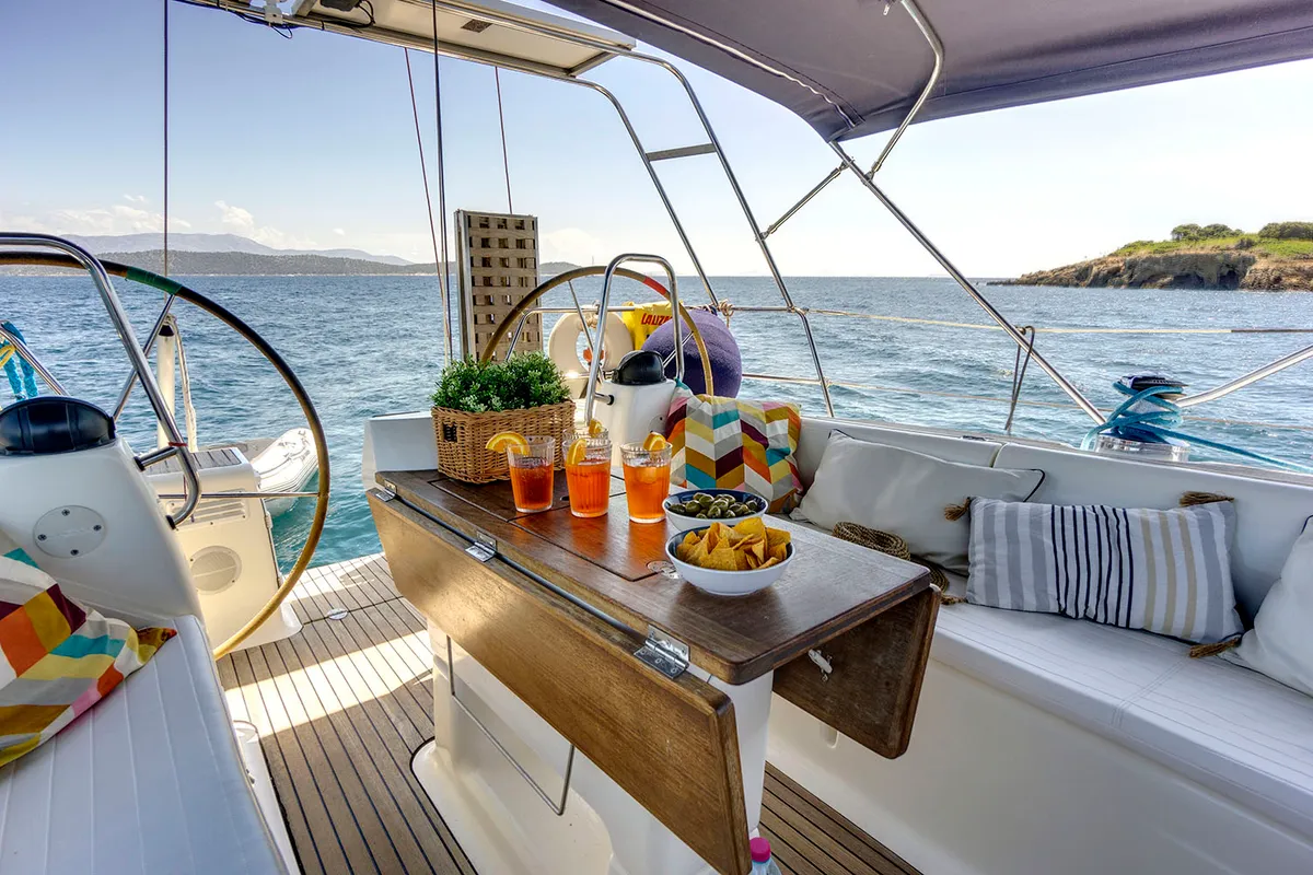 Deck of La Luna, a Bavaria 46 Cruiser sailboat at Municipal Unit of Lefkada, Greece