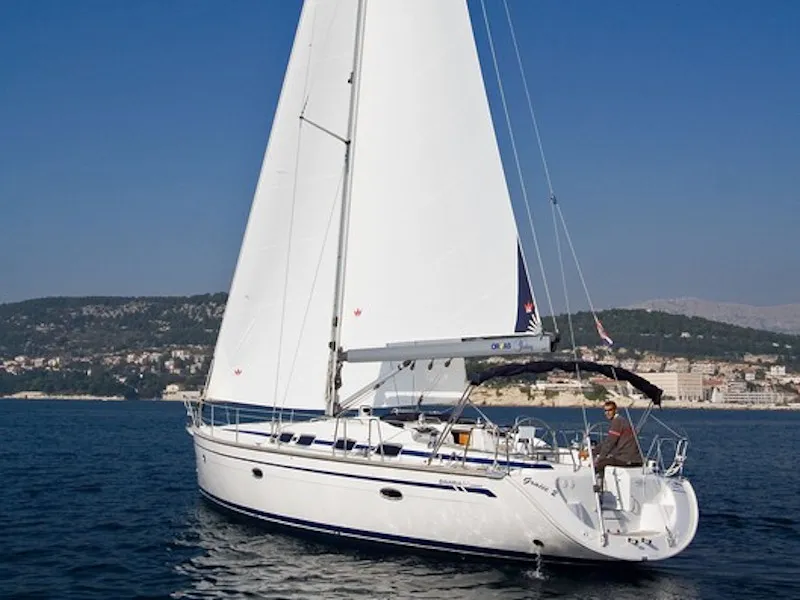 Exterior view of La Luna, a Bavaria 46 Cruiser sailboat at Municipal Unit of Lefkada, Greece