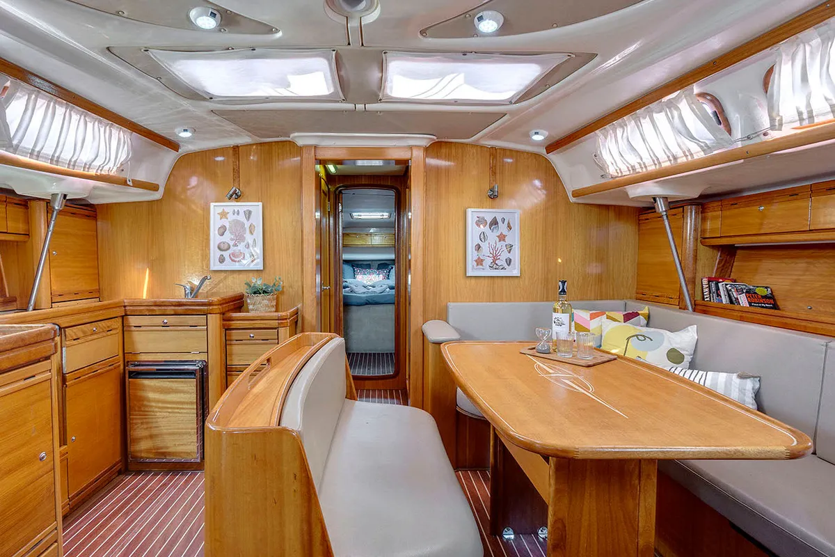 Salon of La Luna, a Bavaria 46 Cruiser sailboat at Municipal Unit of Lefkada, Greece