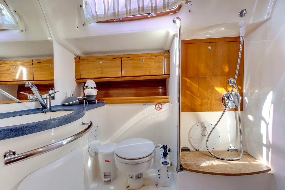 Head on La Luna, a Bavaria 46 Cruiser sailboat at Municipal Unit of Lefkada, Greece