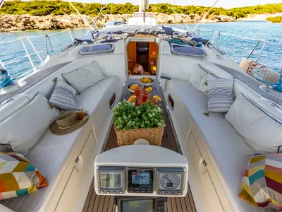 Cockpit of La Luna, a Bavaria 46 Cruiser sailboat at Municipal Unit of Lefkada, Greece