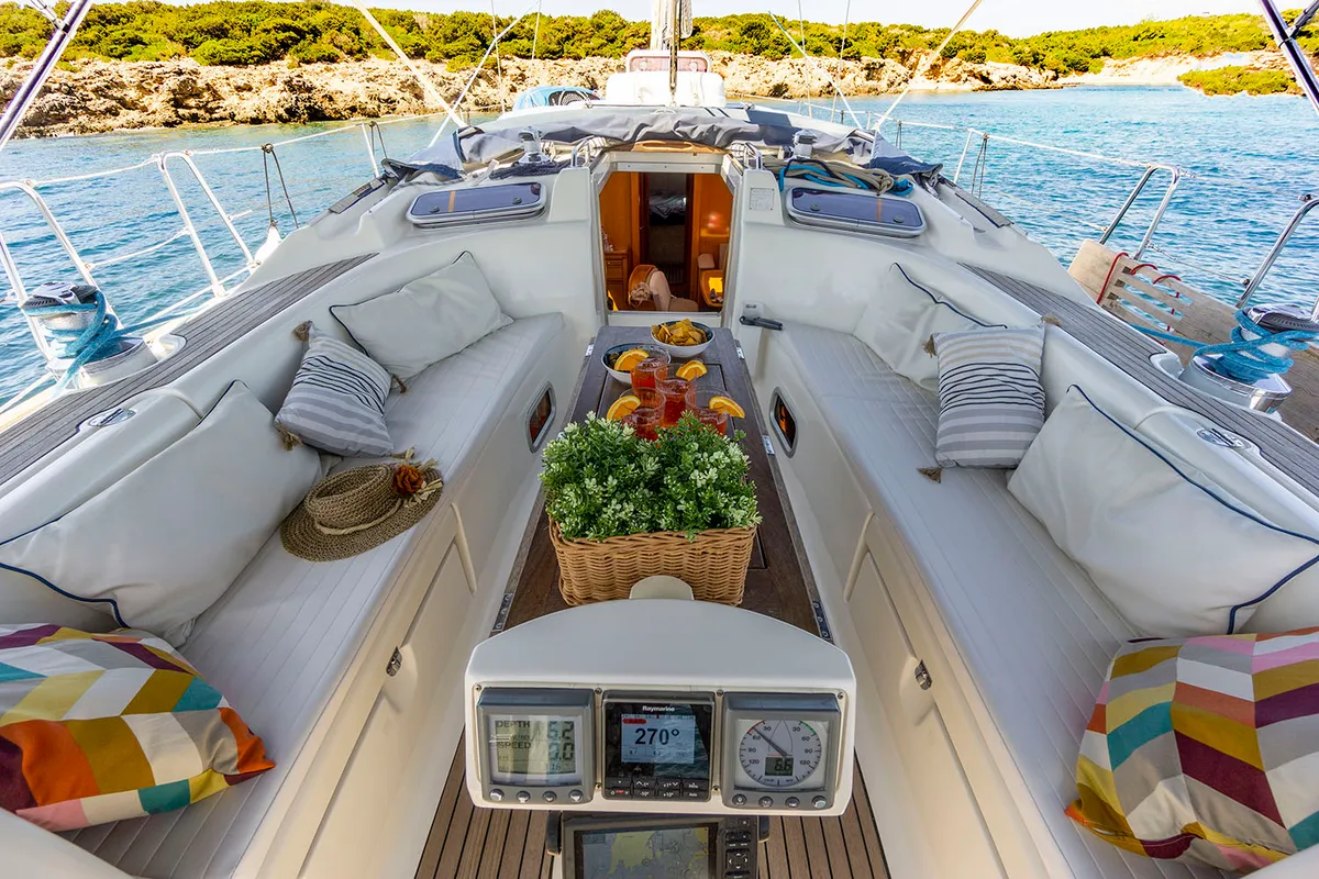 Cockpit of La Luna, a Bavaria 46 Cruiser sailboat at Municipal Unit of Lefkada, Greece