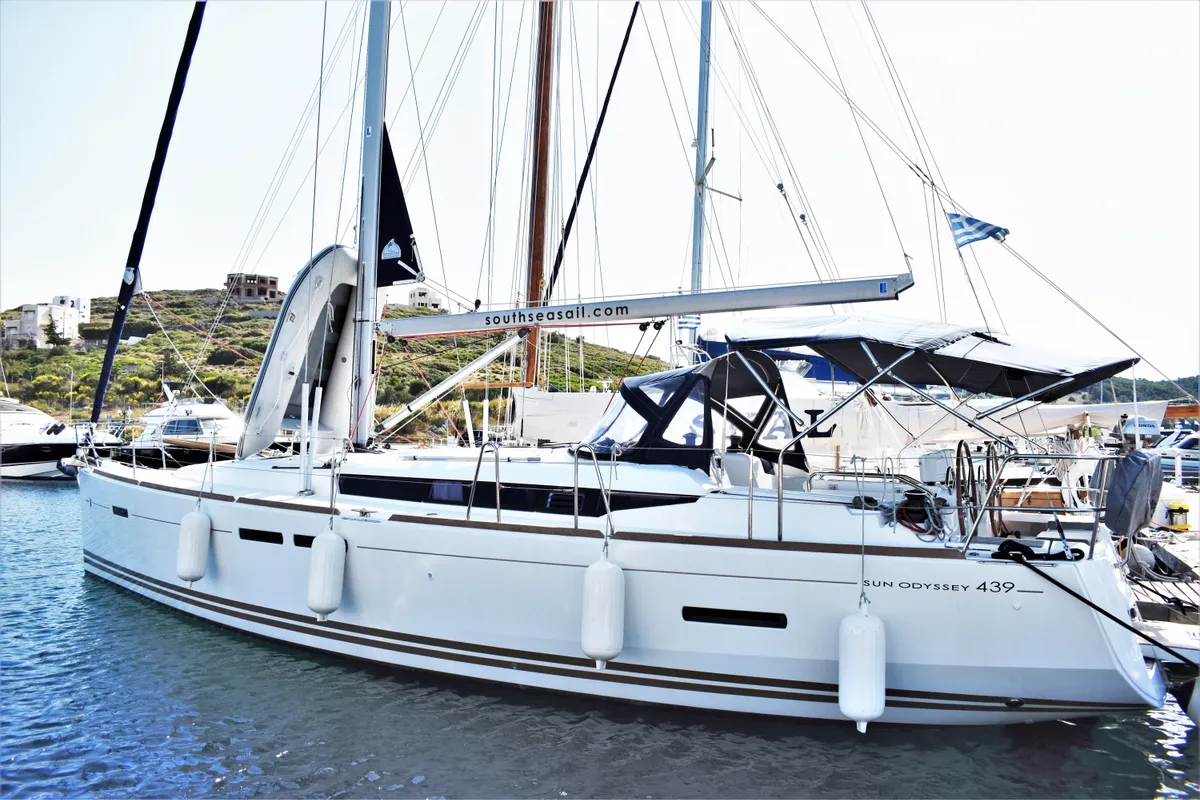 Exterior view of Kontiki, a Jeanneau Sun Odyssey 439 sailboat at Lavrion, Greece