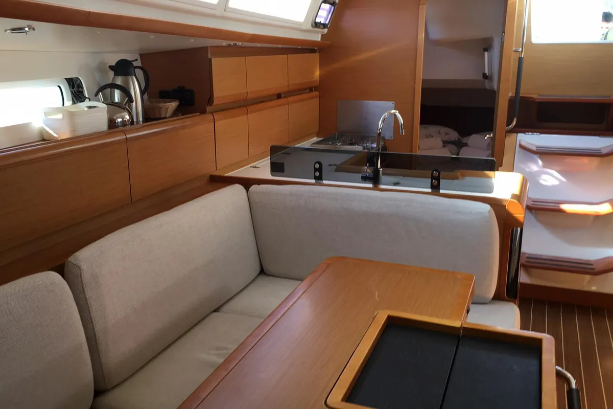 Salon of Kontiki, a Jeanneau Sun Odyssey 439 sailboat at Lavrion, Greece