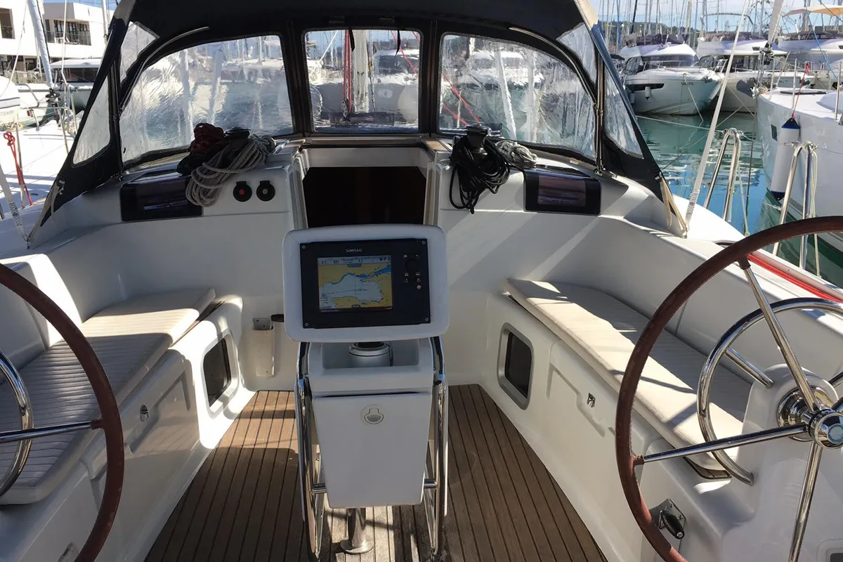 Cockpit of Kontiki, a Jeanneau Sun Odyssey 439 sailboat at Lavrion, Greece