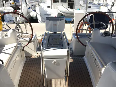 Cockpit of Kontiki, a Jeanneau Sun Odyssey 439 sailboat at Lavrion, Greece