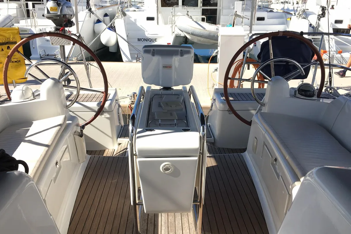 Cockpit of Kontiki, a Jeanneau Sun Odyssey 439 sailboat at Lavrion, Greece