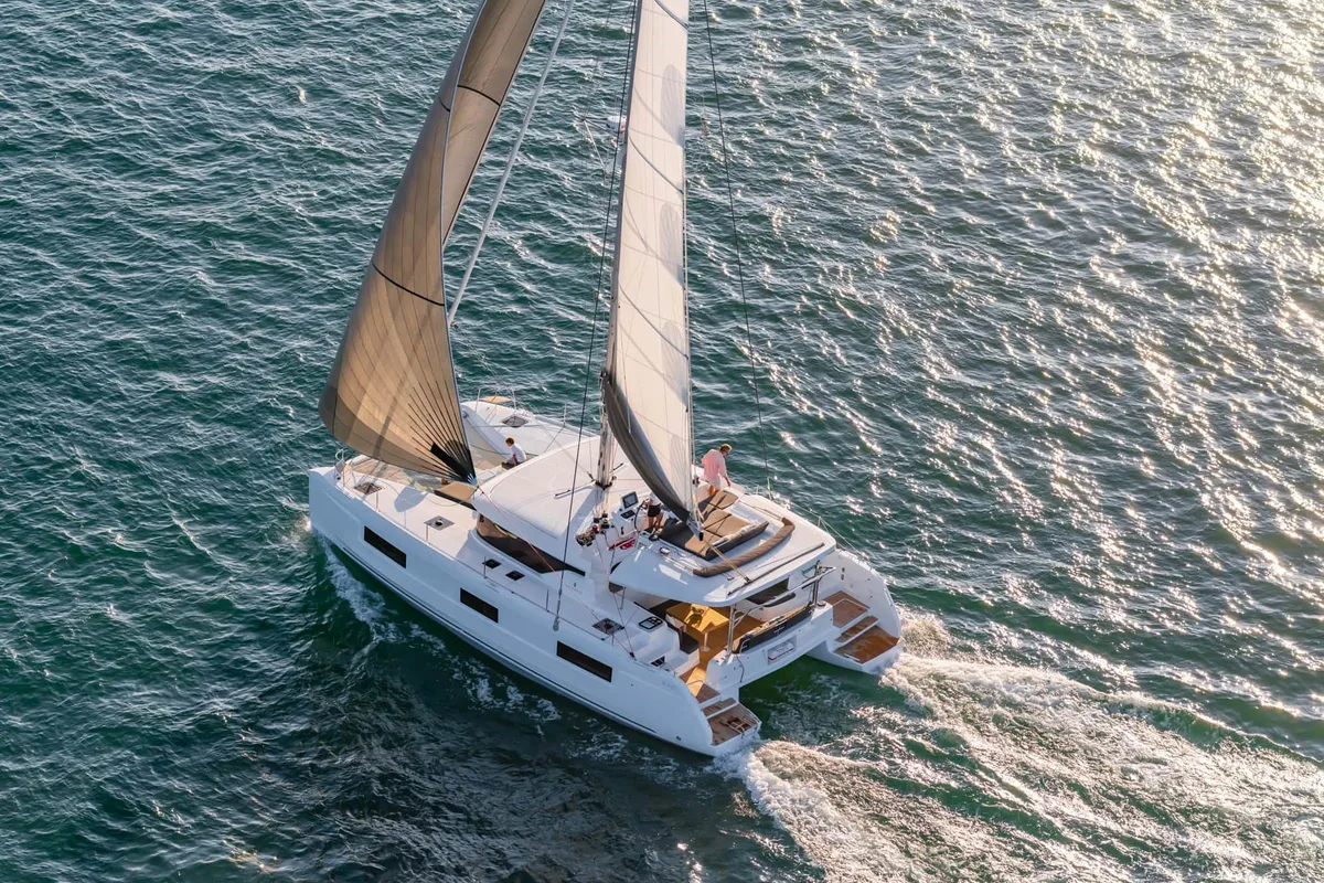 Exterior view of Xhenia, a Lagoon 46 catamaran at Kos, Greece