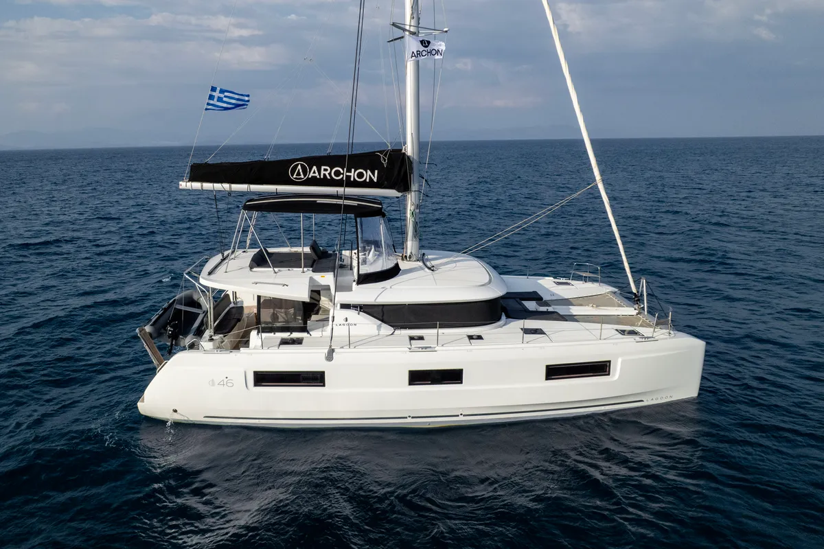 Exterior view of Xhenia, a Lagoon 46 catamaran at Kos, Greece