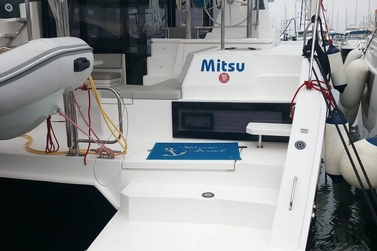 Exterior view of Mitsu, a Leopard 42 catamaran at Cannigione, Italy
