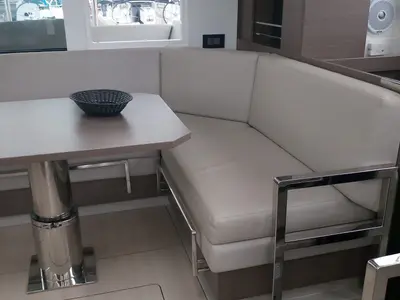 Salon of Mitsu, a Leopard 42 catamaran at Cannigione, Italy