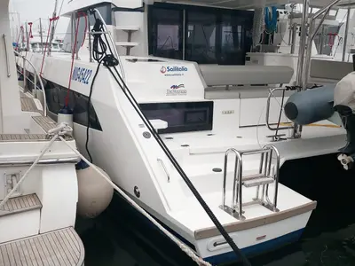 Exterior view of Mitsu, a Leopard 42 catamaran at Cannigione, Italy