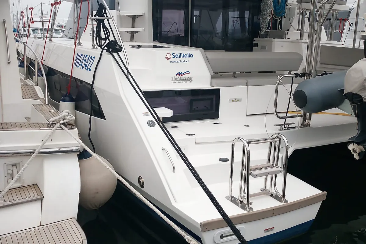 Exterior view of Mitsu, a Leopard 42 catamaran at Cannigione, Italy