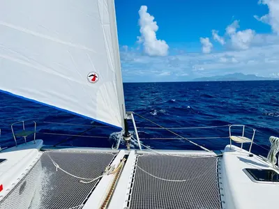Deck of Belle, a Lagoon 450 Sport catamaran at Alameda, United States